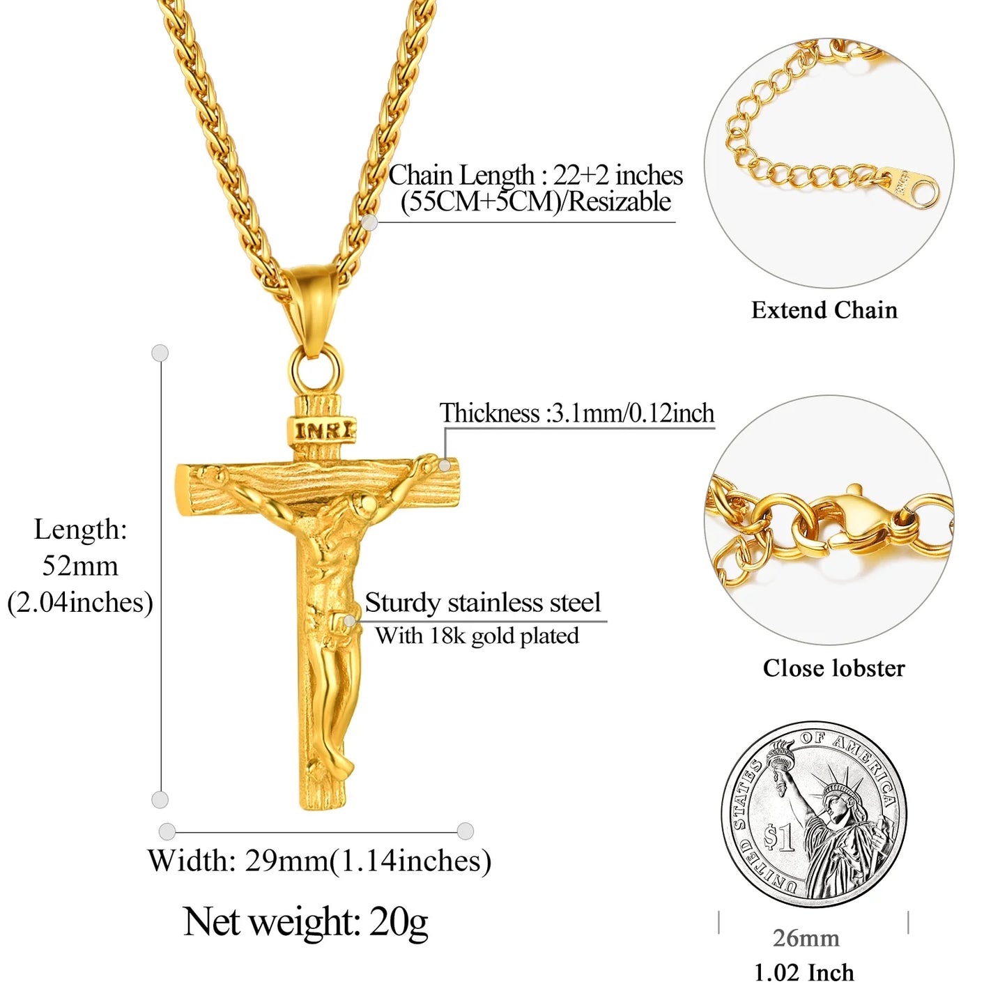 Golden Cross Necklaces for Men Stainless Steel INRI Crucifix Pendant Necklace Jesus Piece Religious Praying Jewelry for Christian Dad Father'S Day Gift