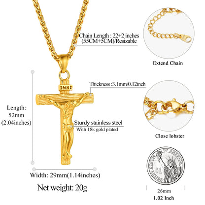 Golden Cross Necklaces for Men Stainless Steel INRI Crucifix Pendant Necklace Jesus Piece Religious Praying Jewelry for Christian Dad Father'S Day Gift