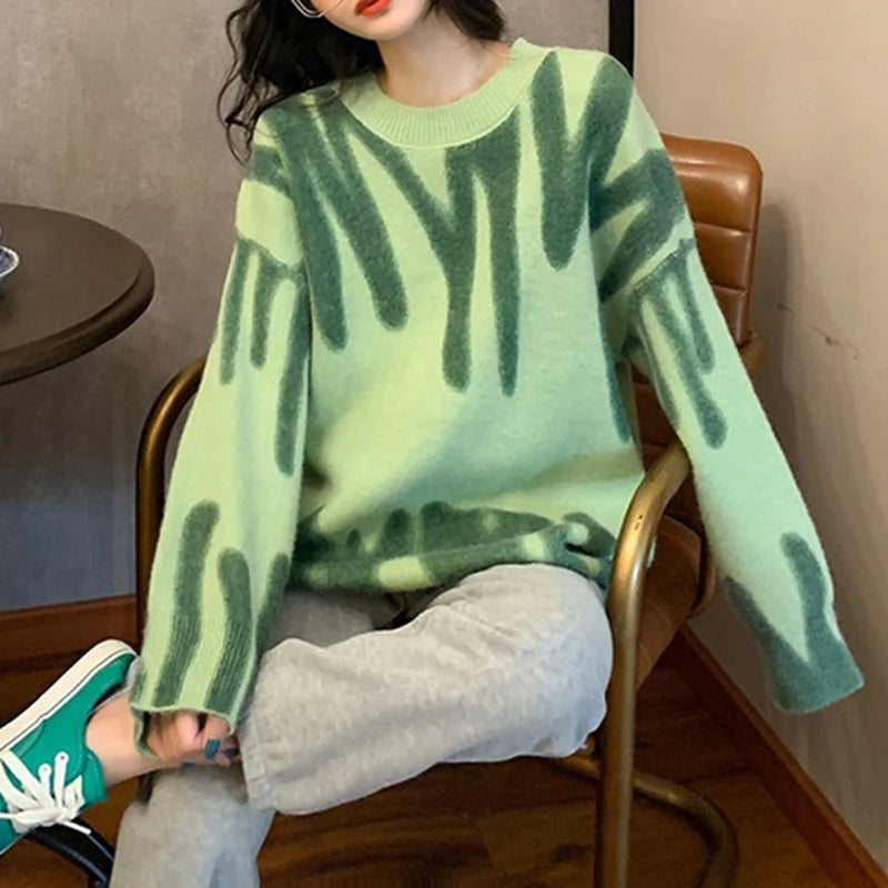 Oversized Pullovers Women Sweater Elegant Green Striped Print Winter Long Sweaters Streetwear Ladies Jumper Warm Outerwear 2022