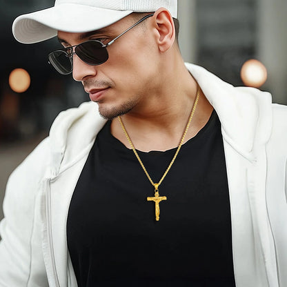 Golden Cross Necklaces for Men Stainless Steel INRI Crucifix Pendant Necklace Jesus Piece Religious Praying Jewelry for Christian Dad Father'S Day Gift