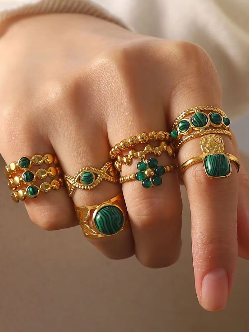 Uworld Vintage 18K Gold Malachite Statement Open Ring Waterproof 18K PVD Gold Plated Stainless Steel Bague Femme Acier Inoxydabl