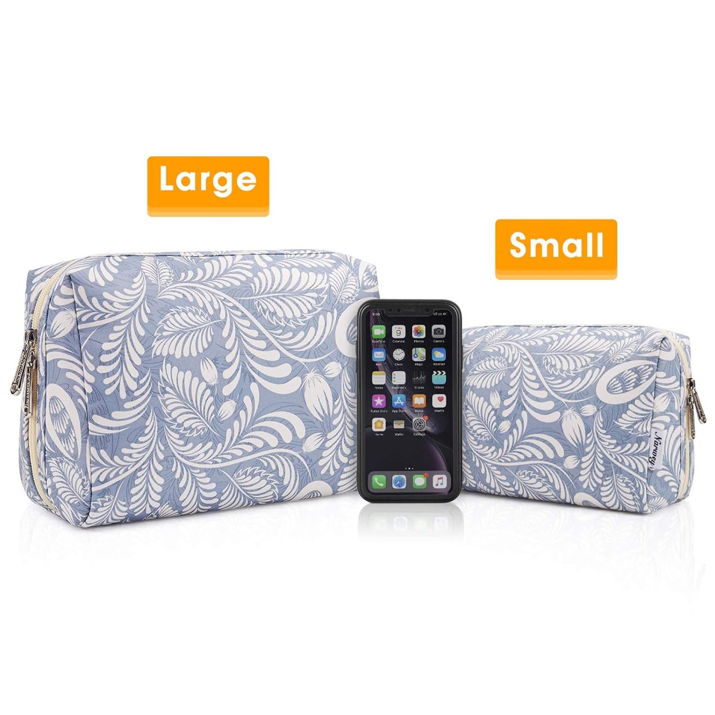 Cute Makeup Bag Travel Cosmetic Bag Organizer Toiletry Bag Make up Bags with Compartments for Women Girls (Large, Blue Leaf)