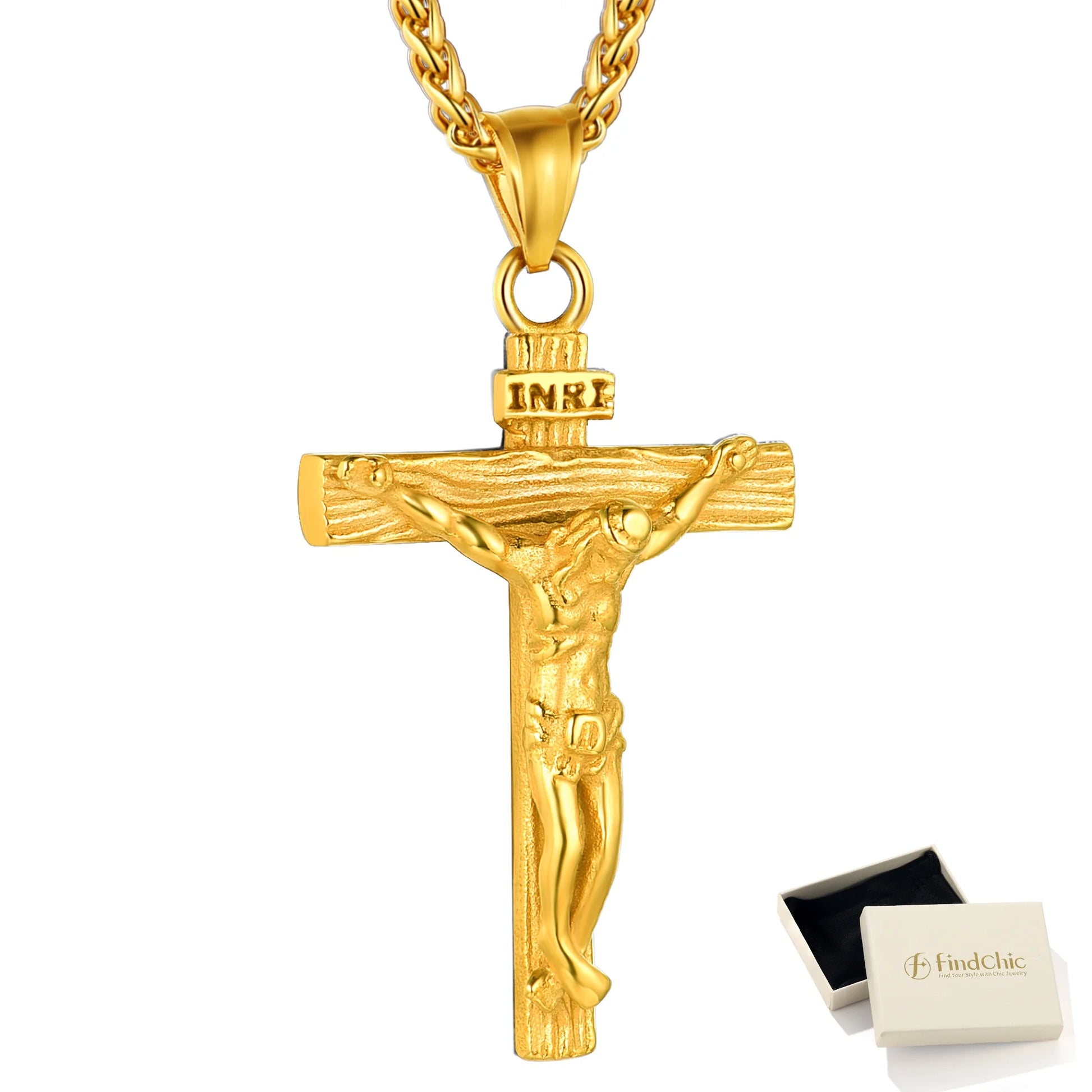 Golden Cross Necklaces for Men Stainless Steel INRI Crucifix Pendant Necklace Jesus Piece Religious Praying Jewelry for Christian Dad Father'S Day Gift
