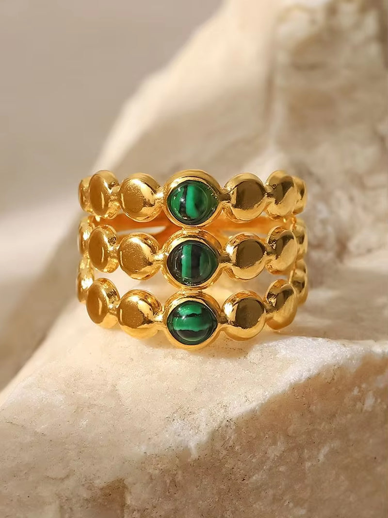 Uworld Vintage 18K Gold Malachite Statement Open Ring Waterproof 18K PVD Gold Plated Stainless Steel Bague Femme Acier Inoxydabl