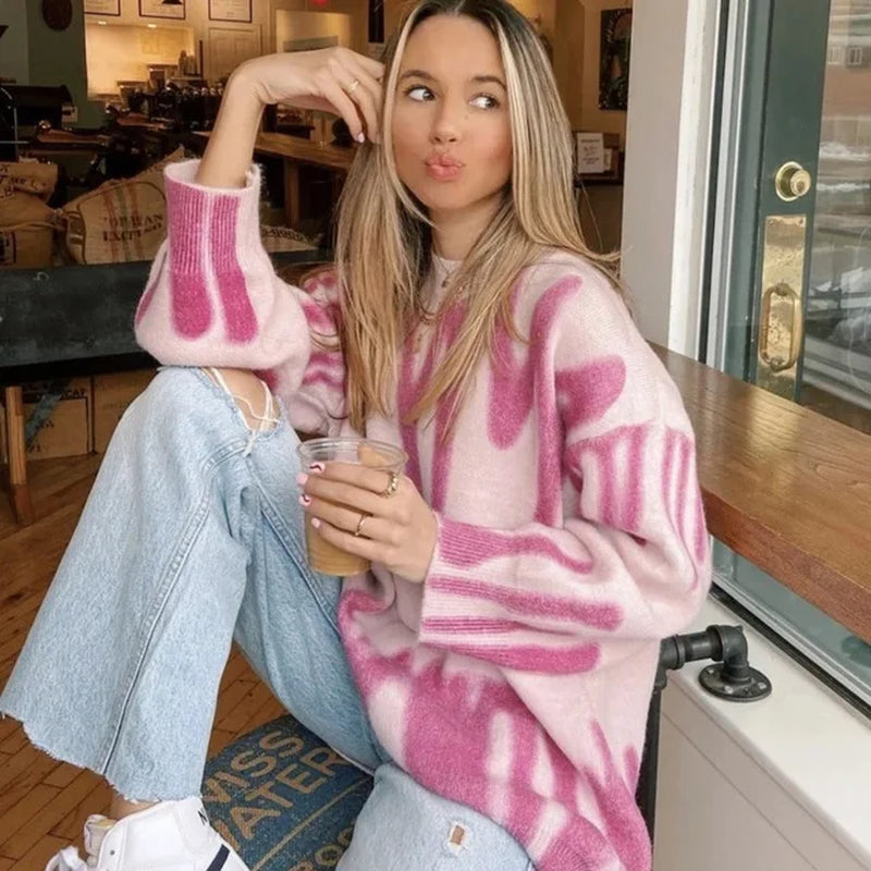 Oversized Pullovers Women Sweater Elegant Green Striped Print Winter Long Sweaters Streetwear Ladies Jumper Warm Outerwear 2022