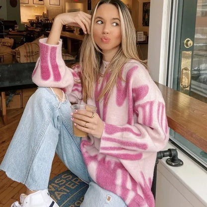 Oversized Pullovers Women Sweater Elegant Green Striped Print Winter Long Sweaters Streetwear Ladies Jumper Warm Outerwear 2022