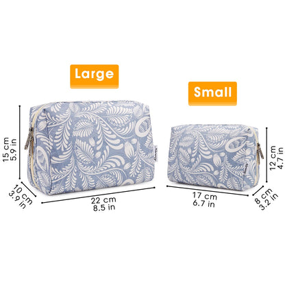 Cute Makeup Bag Travel Cosmetic Bag Organizer Toiletry Bag Make up Bags with Compartments for Women Girls (Large, Blue Leaf)