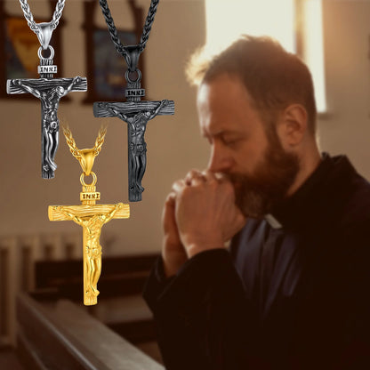 Golden Cross Necklaces for Men Stainless Steel INRI Crucifix Pendant Necklace Jesus Piece Religious Praying Jewelry for Christian Dad Father'S Day Gift