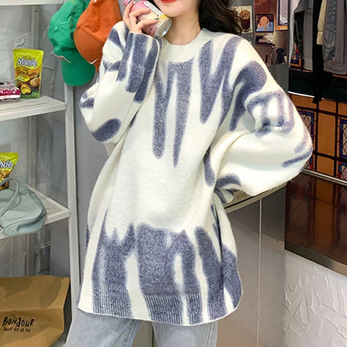Oversized Pullovers Women Sweater Elegant Green Striped Print Winter Long Sweaters Streetwear Ladies Jumper Warm Outerwear 2022