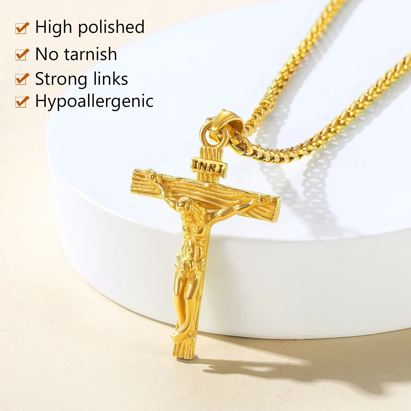 Golden Cross Necklaces for Men Stainless Steel INRI Crucifix Pendant Necklace Jesus Piece Religious Praying Jewelry for Christian Dad Father'S Day Gift