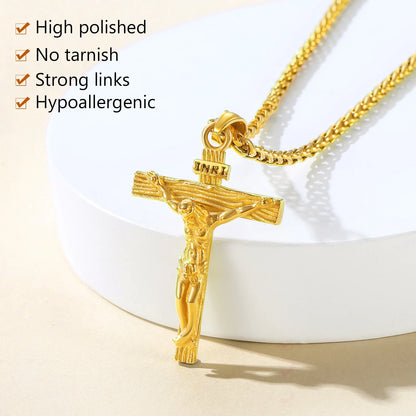 Golden Cross Necklaces for Men Stainless Steel INRI Crucifix Pendant Necklace Jesus Piece Religious Praying Jewelry for Christian Dad Father'S Day Gift